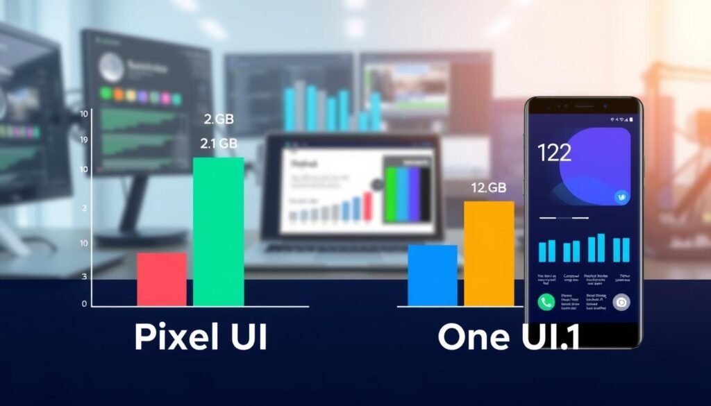A visually engaging and informative illustration depicting a comparative analysis of storage usage between Pixel UI and Samsung One UI 6.1. In the foreground, have two side-by-side bar graphs showcasing distinct usage statistics, one labeled for Pixel UI at 2.1GB and the other for One UI at double that size. In the middle ground, include sleek UI design elements to represent each operating system, with vibrant colors for Pixel UI and a more subdued palette for One UI. The background should be a blurred tech workspace with soft lighting, suggesting a professional analysis environment. The scene should evoke a sense of precision and clarity, emphasizing the quantitative nature of the analysis. No text or branding should be included, maintaining a clean and focused professional appearance. A visually engaging and informative illustration depicting a comparative analysis of storage usage between Pixel UI and Samsung One UI 6.1. In the foreground, have two side-by-side bar graphs showcasing distinct usage statistics, one labeled for Pixel UI at 2.1GB and the other for One UI at double that size. In the middle ground, include sleek UI design elements to represent each operating system, with vibrant colors for Pixel UI and a more subdued palette for One UI. The background should be a blurred tech workspace with soft lighting, suggesting a professional analysis environment. The scene should evoke a sense of precision and clarity, emphasizing the quantitative nature of the analysis. No text or branding should be included, maintaining a clean and focused professional appearance.