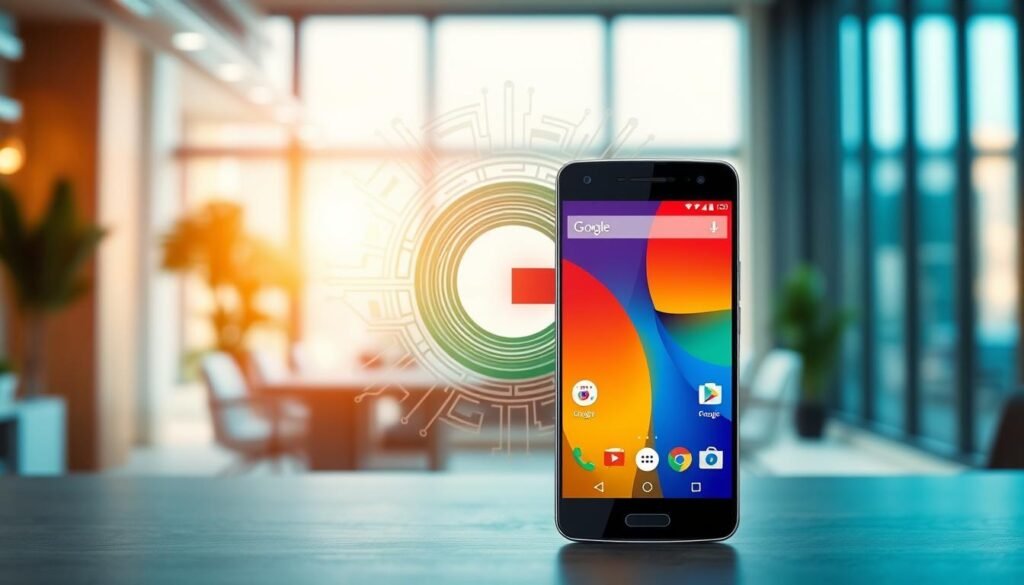 An elegant Android smartphone, showcasing the sleek design of the Android One series, is centrally positioned in the foreground. The phone features a minimalistic interface with a bright, vibrant home screen displaying various app icons. In the middle ground, an abstract representation of Google's logo is subtly blended with circuit patterns, symbolizing innovation and development in technology. The background captures a softly blurred modern office environment, hinting at a workspace with natural light streaming through large windows, creating a professional yet inviting atmosphere. The overall mood is one of progress and evolution, with a warm color palette of blues and greens, emphasizing the theme of transformation in the Android ecosystem. The image should have a slight bokeh effect to focus on the phone, with crisp details on its design.