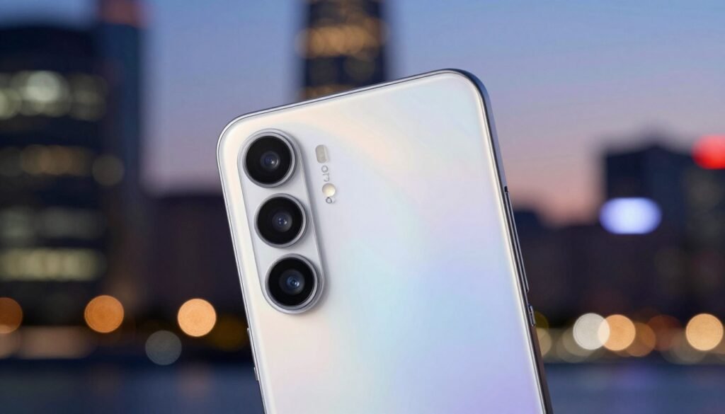 A close-up view of a modern smartphone, the Galaxy A55, showcasing its impressive camera specifications. The foreground features the phone angled slightly, highlighting its sleek design and the multi-lens camera system with a glossy finish. In the middle, the phone is set against a blurred background of vibrant city lights at dusk, creating a dynamic atmosphere that emphasizes its photographic capabilities. Soft, ambient lighting enhances the details of the camera lenses and the unique branding on the phone, adding elegance to the composition. The shot is taken from a low angle to capture the phone’s features, evoking a sense of sophistication and innovation suitable for a mid-range device in 2025. A close-up view of a modern smartphone, the Galaxy A55, showcasing its impressive camera specifications. The foreground features the phone angled slightly, highlighting its sleek design and the multi-lens camera system with a glossy finish. In the middle, the phone is set against a blurred background of vibrant city lights at dusk, creating a dynamic atmosphere that emphasizes its photographic capabilities. Soft, ambient lighting enhances the details of the camera lenses and the unique branding on the phone, adding elegance to the composition. The shot is taken from a low angle to capture the phone’s features, evoking a sense of sophistication and innovation suitable for a mid-range device in 2025.