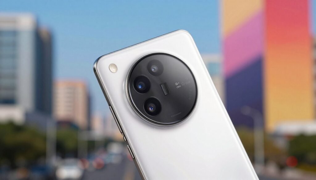 A close-up view of the OPPO Find X8 Pro smartphone showcasing its sleek design and advanced Hasselblad camera system. In the foreground, the smartphone is angled slightly to display its glossy finish and camera lenses reflecting soft, natural light. The middle ground features a subtle out-of-focus cityscape, representing professional photography environments, with vibrant colors and dynamic textures evoking creativity. The background includes blurred elements like abstract color gradients to suggest innovation and high-tech aesthetics. The lighting is bright yet soft, creating a welcoming and inspiring atmosphere, ideal for showcasing the smartphone's key features.