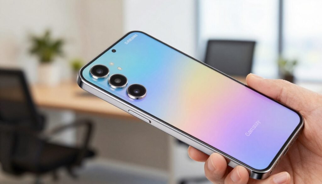 A close-up view of the Samsung Galaxy A55 smartphone, showcasing its sleek design and modern features. In the foreground, the phone is angled to highlight its vibrant display and refined edges, reflecting natural light that accentuates its glossy finish. In the middle, a blurred office background hints at a professional workspace, with soft bokeh effects creating a clean, uncluttered look. The lighting is bright but soft, suggesting a warm and inviting atmosphere. The image captures the smartphone's key specifications, such as camera lenses and ports, with attention to detail that conveys a sense of innovation and technological excellence. The overall mood is one of sophistication and modernity, perfect for a tech review setting. A close-up view of the Samsung Galaxy A55 smartphone, showcasing its sleek design and modern features. In the foreground, the phone is angled to highlight its vibrant display and refined edges, reflecting natural light that accentuates its glossy finish. In the middle, a blurred office background hints at a professional workspace, with soft bokeh effects creating a clean, uncluttered look. The lighting is bright but soft, suggesting a warm and inviting atmosphere. The image captures the smartphone's key specifications, such as camera lenses and ports, with attention to detail that conveys a sense of innovation and technological excellence. The overall mood is one of sophistication and modernity, perfect for a tech review setting.