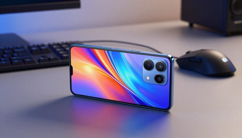 A sleek and modern smartphone featuring the benchmark MediaTek Dimensity 9400 chipset, positioned prominently in the foreground. The device's stunning design showcases a vibrant, high-resolution display with rich colors, set at an angle to capture its dynamics. In the middle ground, a minimalist workspace includes subtle tech accessories like a gaming mouse and keyboard, emphasizing its gaming capabilities. The background features soft, ambient lighting, highlighting the smartphone while casting gentle reflections off its glossy surface. The atmosphere feels futuristic and professional, embodying both performance and style, ideal for both gaming and everyday use. The image is clean, modern, and devoid of any text or branding elements.